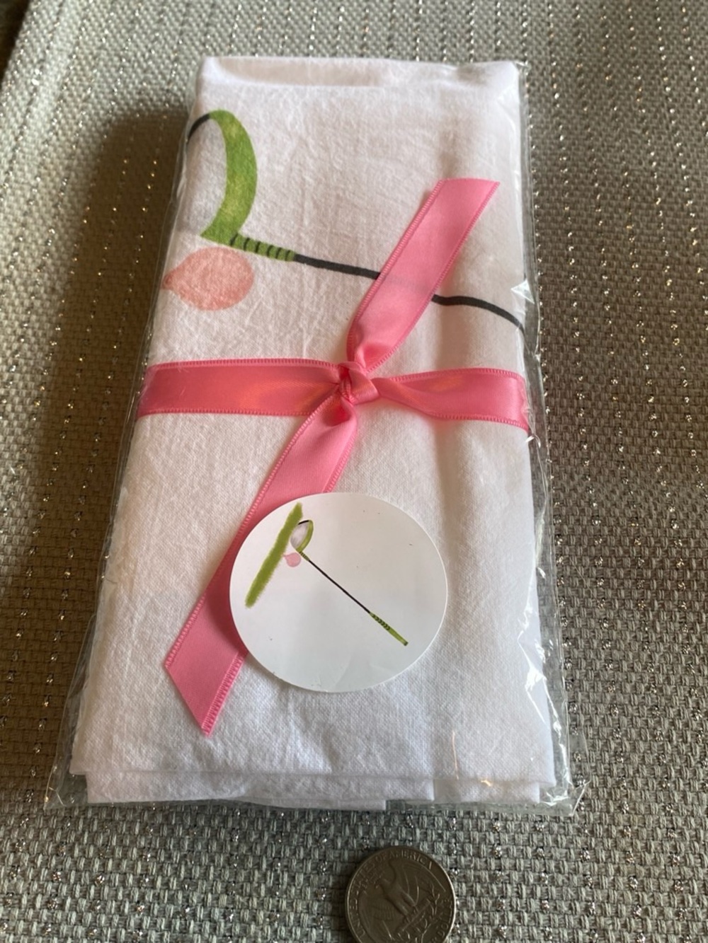White Flour Sack Towel Accent Cloth with Pink Ribbon